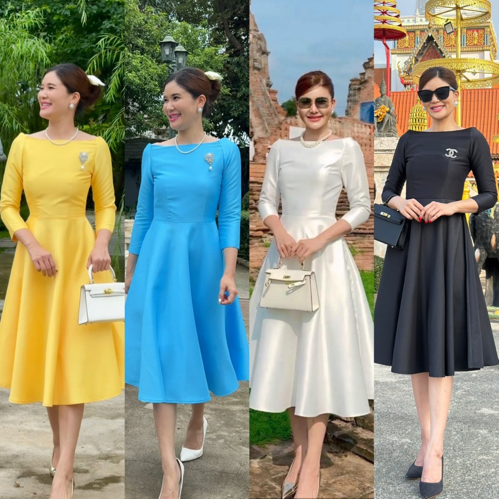 เดรสสีขาวคอปาดรุ่นราชินีอังกฤษ ชุดขาว ชุดทำบุญ ชุดพรีเวดดิ้ง