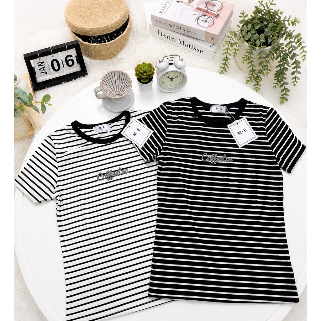 เสื้อยืดคอกลมแขนสั้น ผ้าริ้วนิ่มเด้ง รีดเพชรลาย Coffeetea ป้าย ME