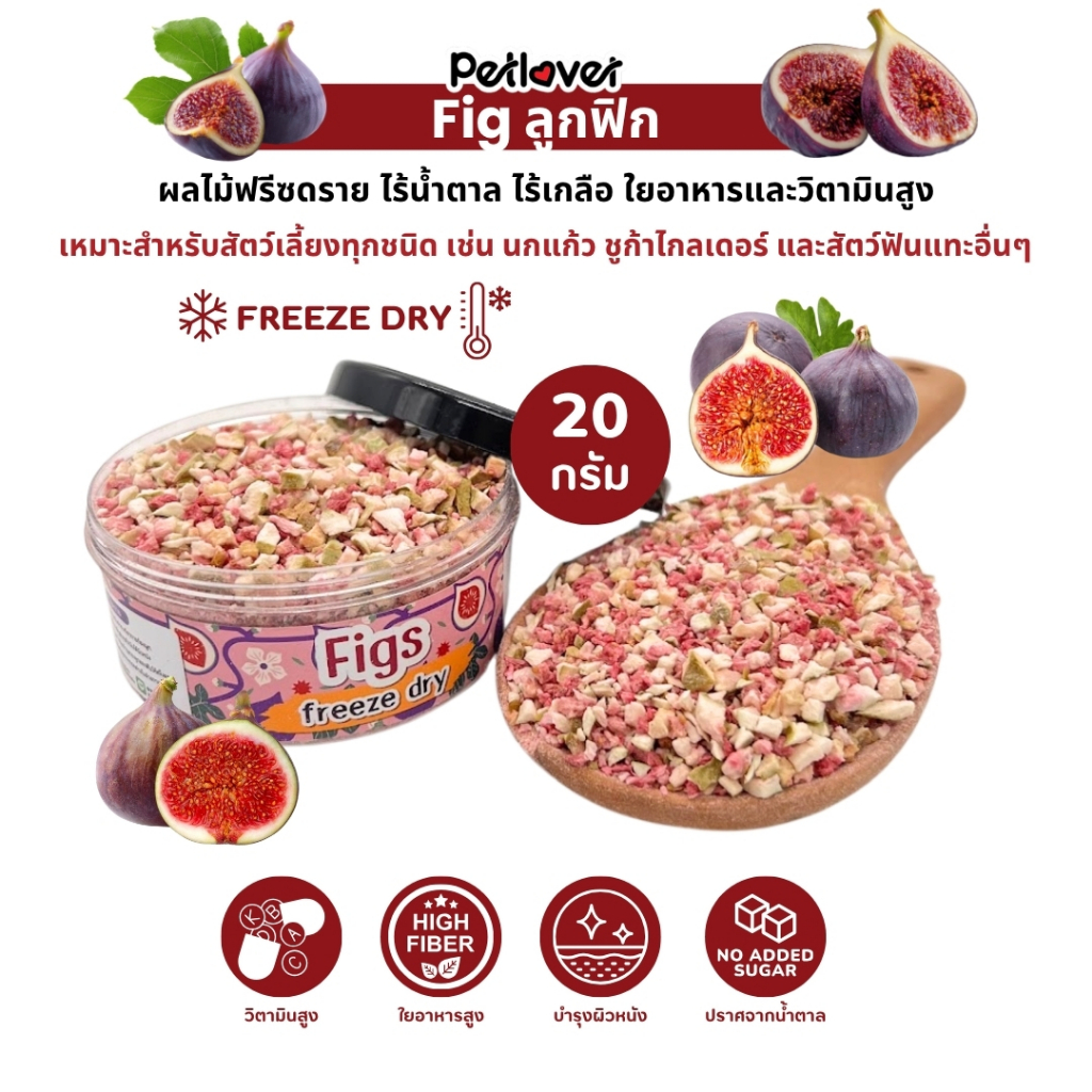 Figs ลูกฟิก มะเดือฝรั่ง ฟรีซดราย ไร้น้ำตาล ไร้เกลือ อาหารนกแก้ว และสัตว์ฟันแทะทุกชนิด (กระปุก 20G)