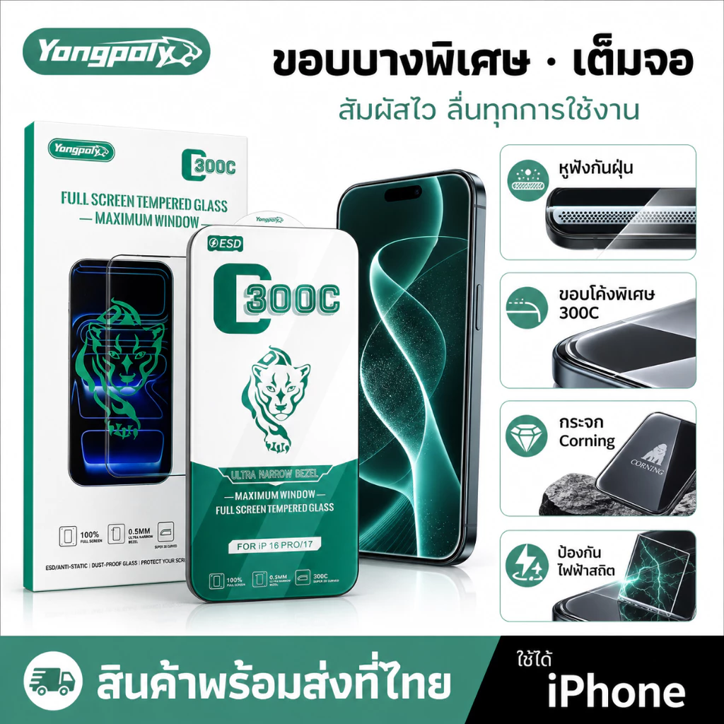 ฟิล์มกระจกใส ขอบบางพิเศษเต็มจอ โค้งใหญ่ 300C กล้องหน้าไม่เจาะรู HD สำหรับIPHONE 17PROMAX 16PLUS 15PRO 14 13 12PRO XR 11