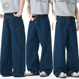 Baggy S-5XL กางเกงยีนส์ขายาวทรงตรงสีน้ำเงินเข้มแบบดิบๆ สำหรับผู้ชาย สวมใส่ได้หลายโอกาส