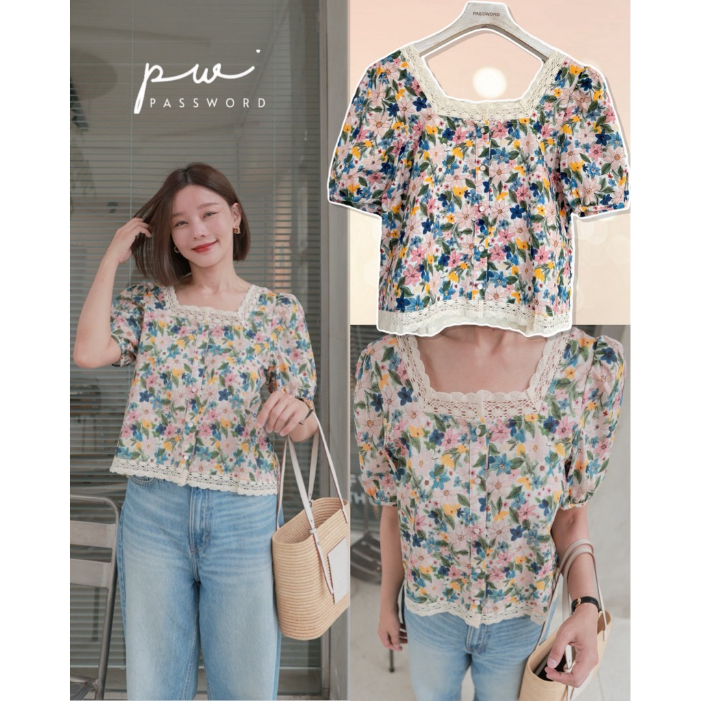 [พร้อมส่ง] Password 6347 เสื้อลินินลายดอกไม้สีสดใสน่ารัก