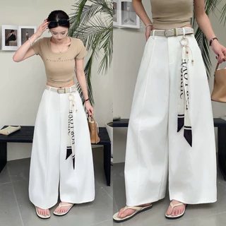 Reallyshops #9509(K) กางเกงขาวยาวทรงกระบอกใหญ่+เข็มขัดแต่ง เอวยางยืด ผู้หญิง พร้อมส่ง