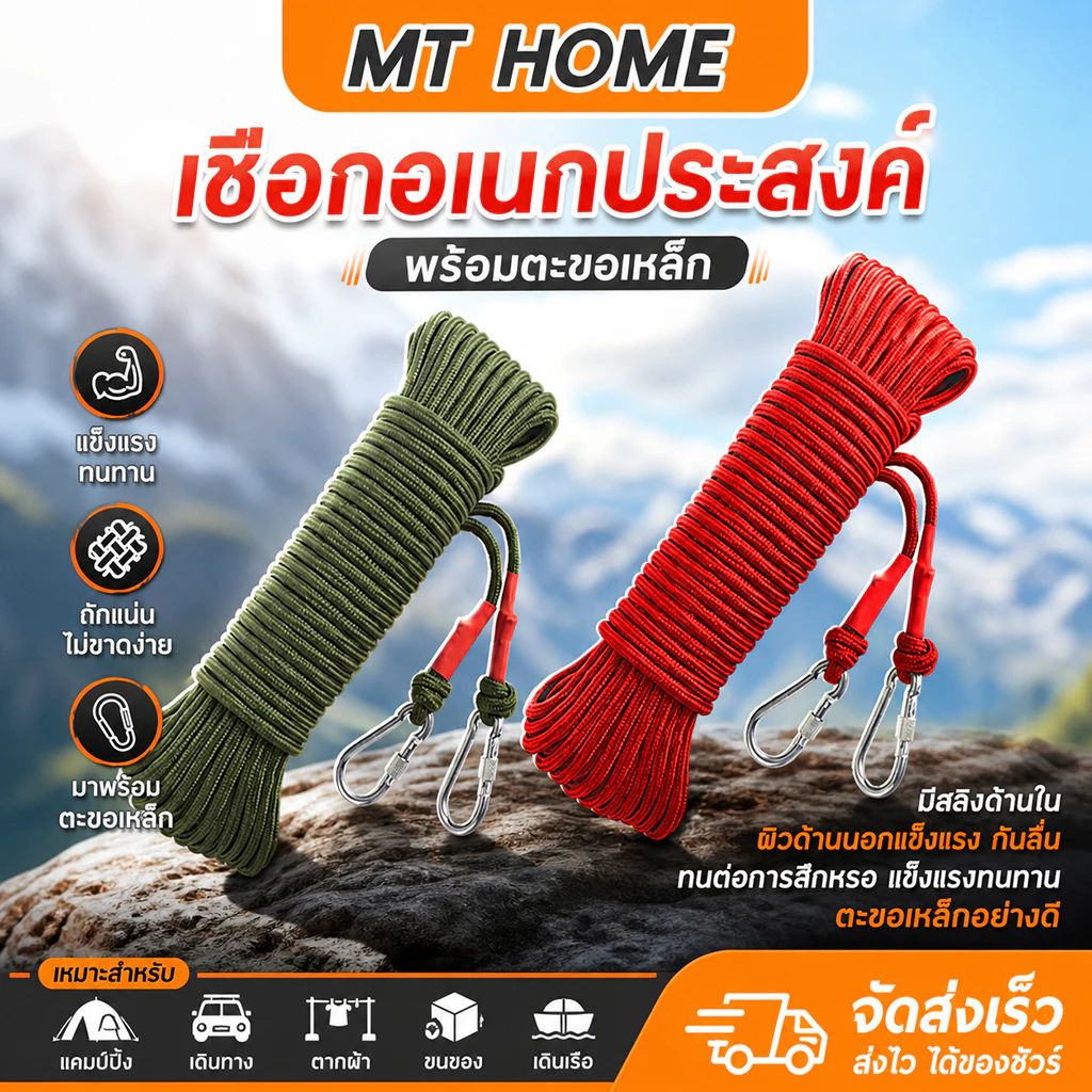 เชือกนิรภัย แกนลวดสลิง เชือกลาก อเนกประสงค์ ตะขอ 2 ด้าน เชือกมัด 30 เมตร AG11