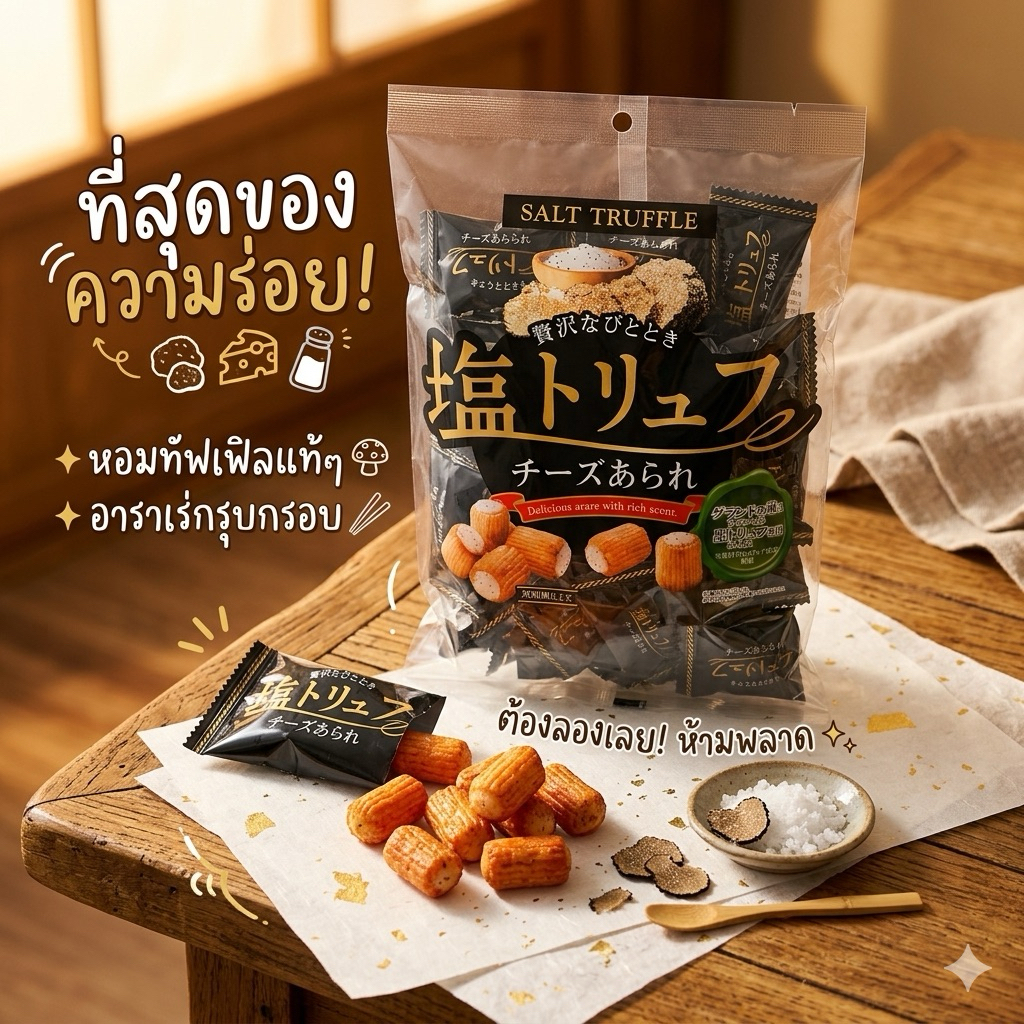 "Salt Truffle Cheese Arare" เป็นขนมเซมเบ้หรือข้าวเกรียบญี่ปุ่นชิ้นเล็กสอดไส้ครีมชีสที่ปรุงรสด้วยเกลือและทรัฟเฟิล
