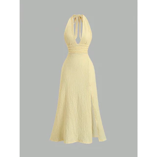 Daily Dress Halter Dress Set สีเหลือง/ขาว ผูกหลัง ดีเทลโบว์ยาว ผ้ายืด ใส่สบาย | พร้อมส่งในไทย