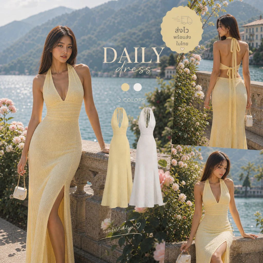 Daily Dress Halter Dress Set สีเหลือง/ขาว ผูกหลัง ดีเทลโบว์ยาว ผ้ายืด ใส่สบาย | พร้อมส่งในไทย