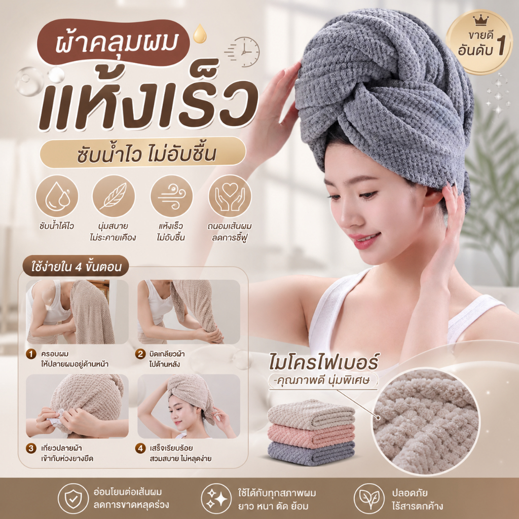 HEAD-DRY🍑หมวกคลุมผมซึมซับดี แห้งเร็ว ผ้าเช็ดผม ไมโครไฟเบอร์ ผ้าขนหนูซับน้ำดีขนไม่หลุด  ผ้าขนหนูอาบน้ํา🍑