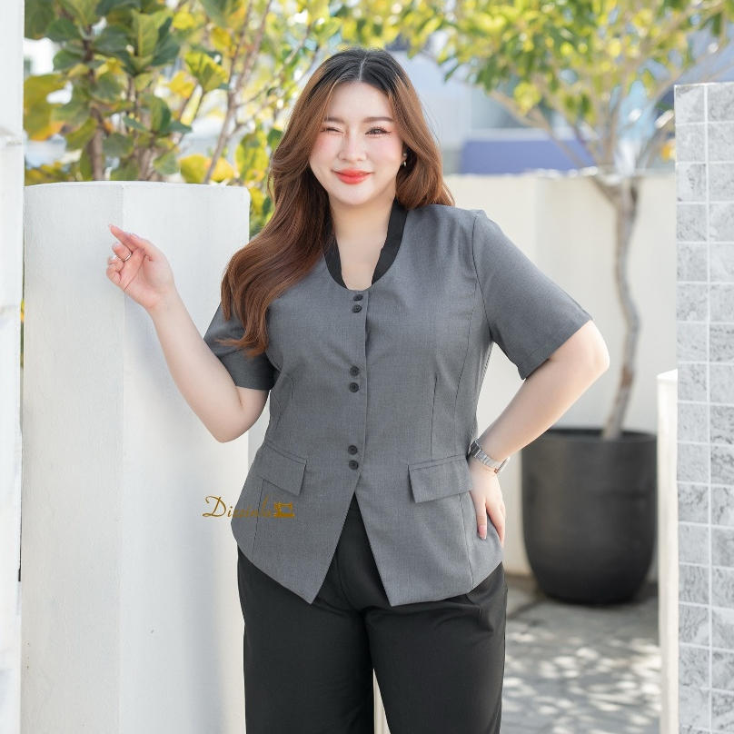 Dz280-Grey shirt เสื้อทำงานคอวีทูนิกสีเทา
