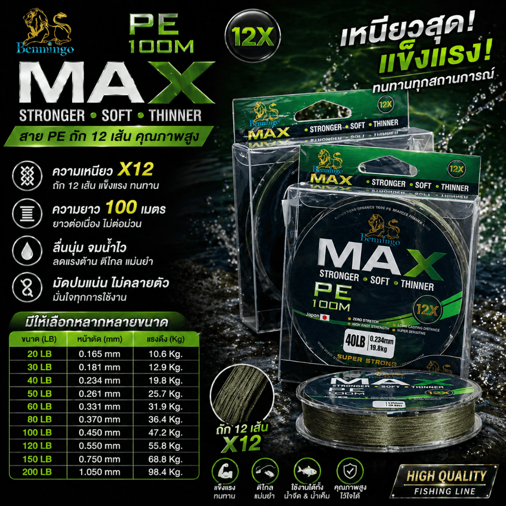 [ รับตรงจากบริษัท ] สายเอ็นตกปลา สายพีอี สายพีอีเบนมินโก PE Benmingo MAX X12 ความยาว 100 เมตร เหนียวดี Fishing line