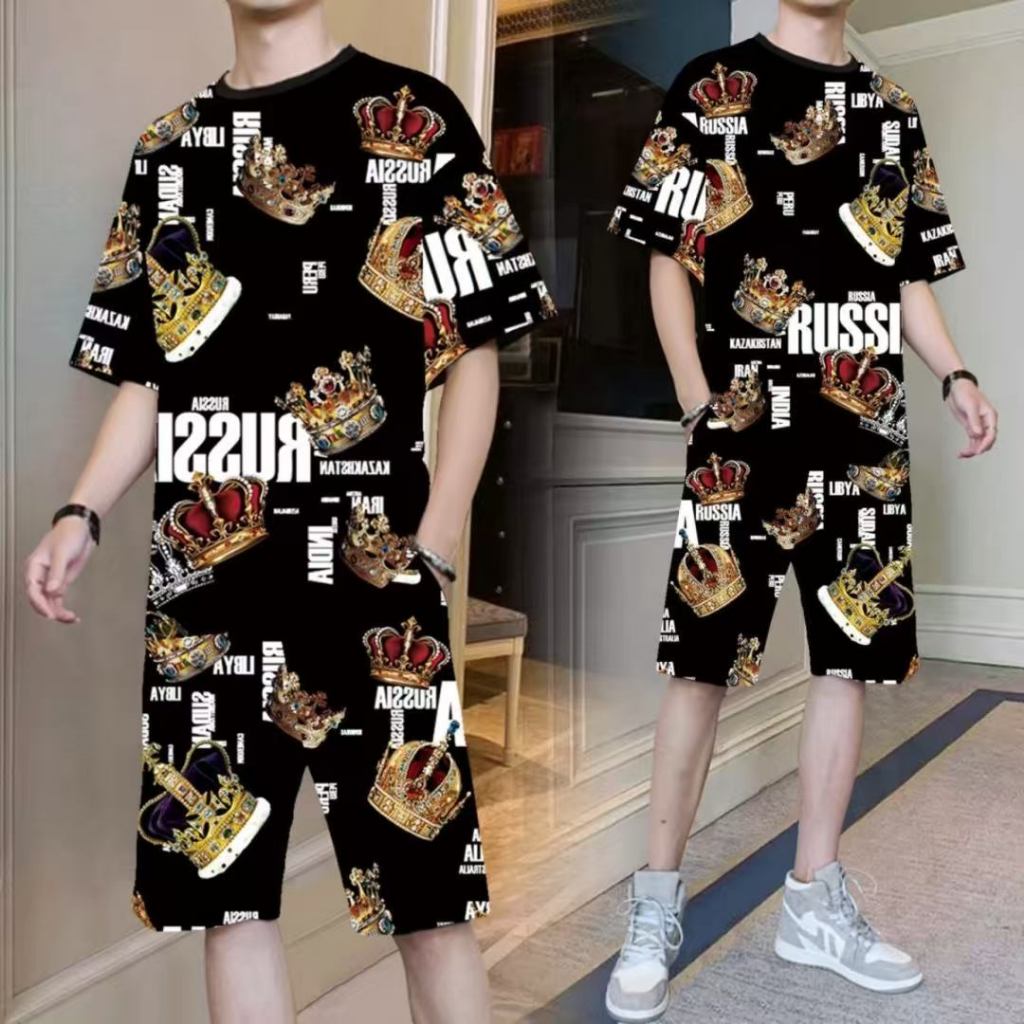 ลดราคา 🔥 ชุดเสื้อและกางเกงขาสั้นผู้ชาย แฟชั่น ทรงหลวม ผ้าโพลี เซ็ต 2 ชิ้น
