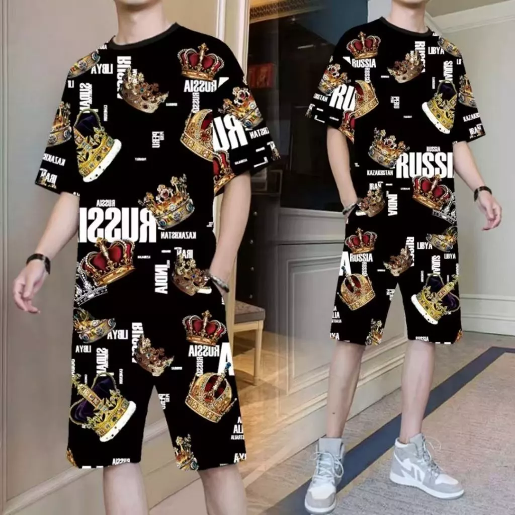 ลดราคา 🔥 ชุดเสื้อและกางเกงขาสั้นผู้ชาย แฟชั่น ทรงหลวม ผ้าโพลี เซ็ต 2 ชิ้น