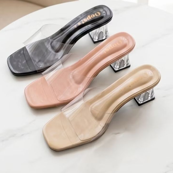 รองเท้าส้นแก้ว คริสตัล Size 36 - 45 Bigsize ส้นสูง 2 นิ้ว แบบสวมใส รองเท้าผู้หญิง แฟชั่น ราคาถูก