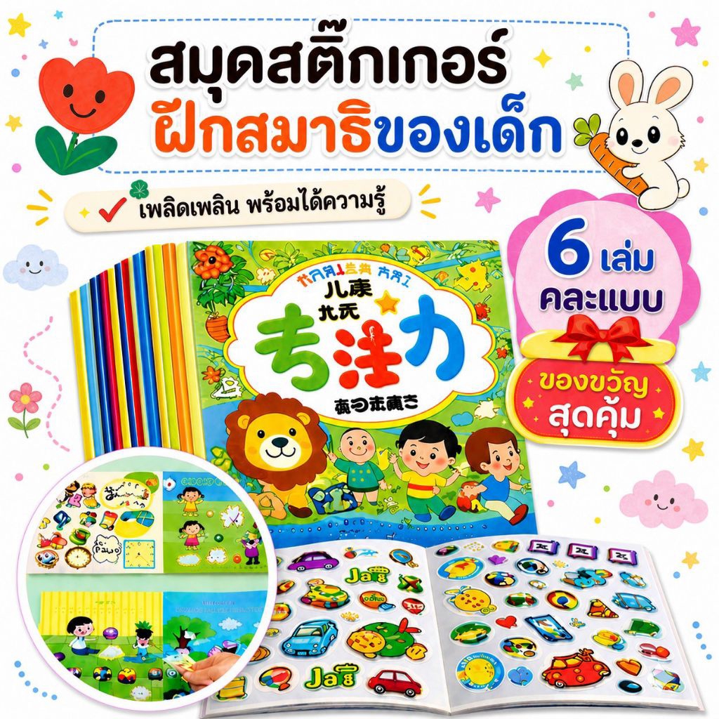 สมุดสติ๊กเกอร์เด็ก ชุด 6 เล่ม สมุดสติ๊กเกอร์ สติ๊กเกอร์เสริมพัฒนาการเด็ก สติ๊กเกอร์เด็กอนุบาล ของเล่นเสริมพัฒนาการ