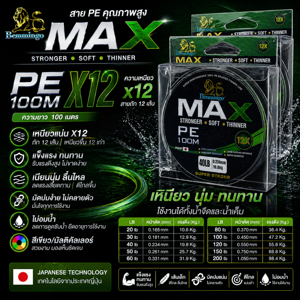 [ ของแท้ ]  สายเอ็นตกปลา สายพีอี สายพีอีเบนมินโก PE Benmingo MAX X12 ความยาว 100 เมตร เหนียวดี Fishing line
