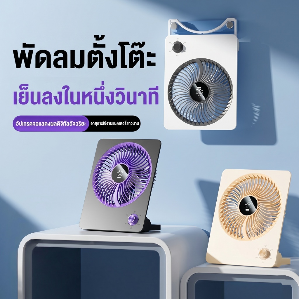 พัดลมไร้สาย พัดลมตั้งโต๊ะ ชาร์จ USB พกพาสะดวก ลมแรงปรับ 100 ระดับ จอ LED บางเฉียบ แขวนผนังได้