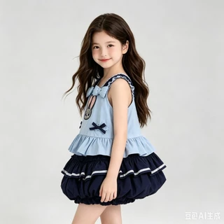MC270 ชุดเซ็ตเด็กผู้หญิง สีฟ้า-กรม เสื้อระบายลายกระต่าย พร้อมกางเกงฟักทอง