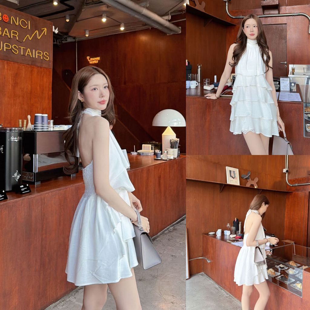 ส่งทันที 💨 SLYQ MALDIVES RUFFLE HALTER LINEN DRESS เดรสลินินคล้องคอเปิดหลัง สีขาวออฟไวท์