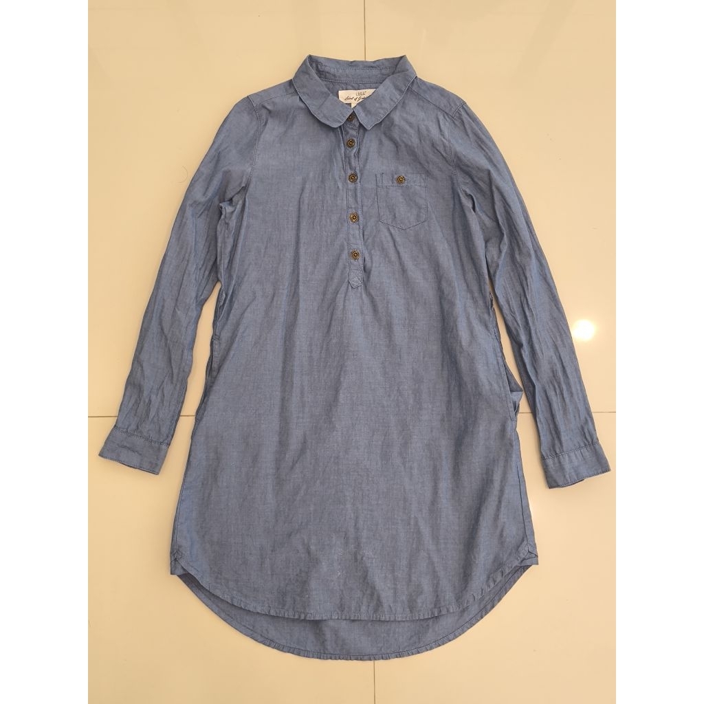 H&M Brand_2nd hand (JB) เสื้อเดรสเชิ้ตผู้หญิงผ้าเดนิมสีย้ำเงินแขนยาว วัสดุผ้าฝ้าย 💯%/ Size US 9-10/แ