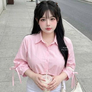 K18 🧸 [S - XXXXXL] เสื้อเชิ้ตครอปสาวอวบ อก 40 50 60 นิ้วใส่ได้ ไซส์ใหญ่ ดีเทลแขนผูกโบว์ สีสันน่ารักพาสเทล สไตล์เกาหลี