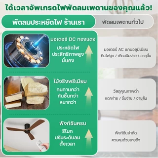 พัดลมเพดาน 42/52/60 นิ้ว ใบพัดไม้จริง ลมแรงนุ่ม DC มอเตอร์ ประหยัดไฟ เงียบ 6 สปีด รีโมท ตั้งเวลาได้ ห้องนอน ห้องนั่งเล่น