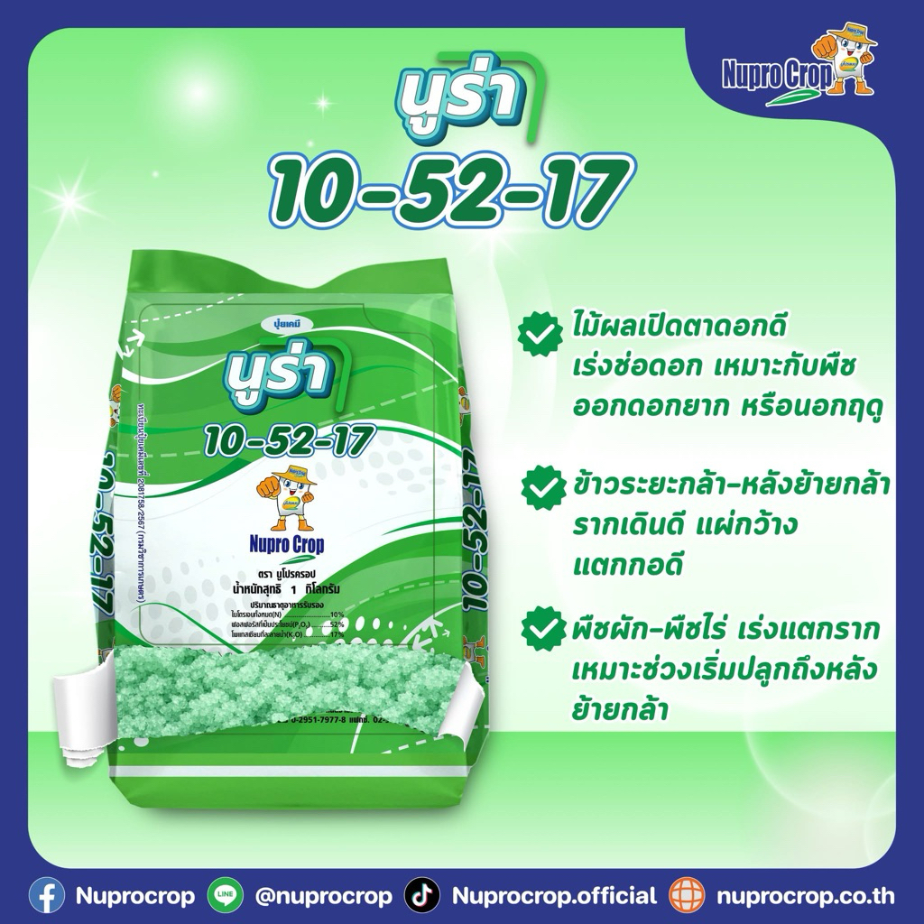 นูร่า 10-52-17 เร่งช่อดอก เร่งการแตกกอ แตกราก ขนาด 1 กิโลกรัม
