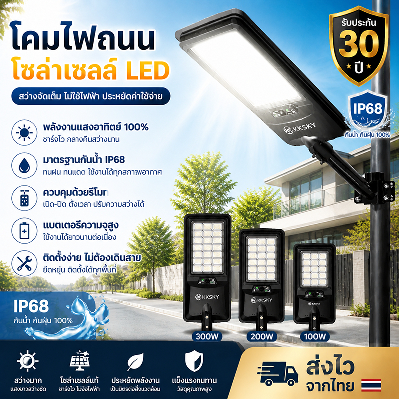 EEKOO โคมไฟถนนโซล่าเซลล์ LED 1500W สว่างพิเศษ กันน้ำ IP68 เปิด-ปิดอัตโนมัติ พร้อมรีโมท รับประกัน30ปี
