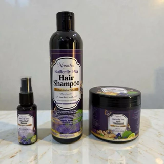 (ณนิชา)แชมพูสมุนไพรดอกอัญชันสูตรพิเศษ1ชุด3ชิ้น(แชมพู300ml+ทรีสเม้น300ml+เซรั่มอัญชัน30ml