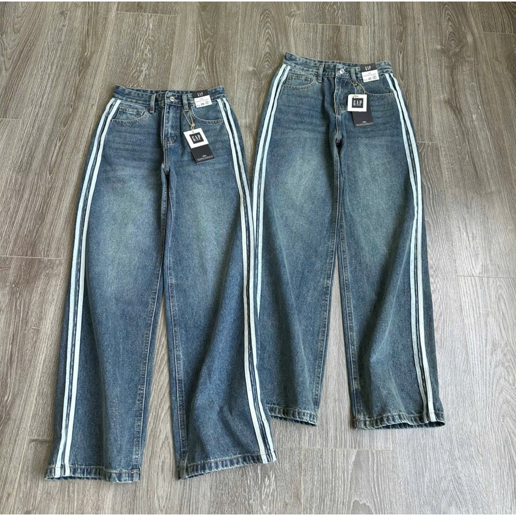 GAP Wide leg jeans กางเกงยีนส์สีฟอก แต่งแถบด้านข้าง เอวสูง งานสวย ผ้าดี