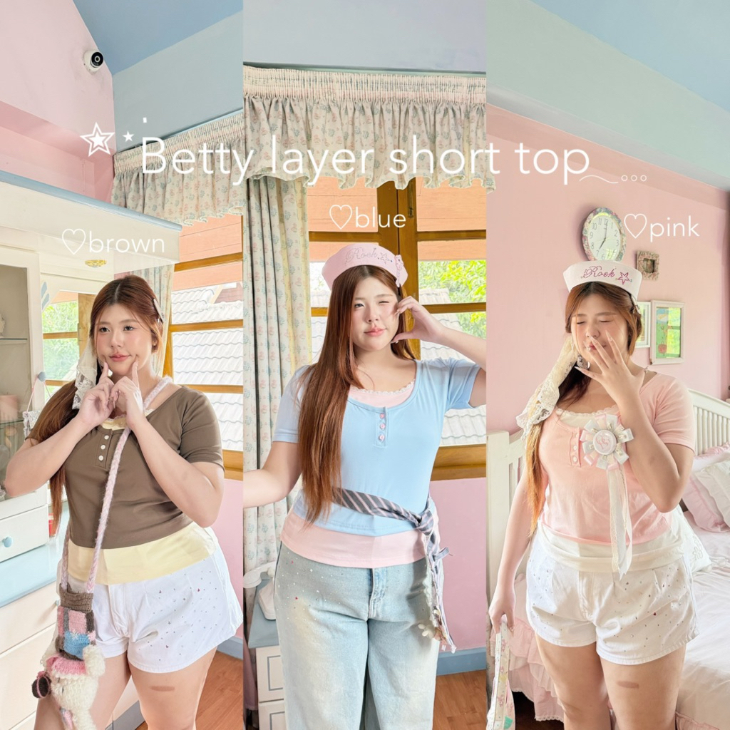 [พร้อมส่ง]Betty layer short top🧃˚.🎀༘⋆ ̊เสื้อผ้ายืดlayerแขนสั้น**ทูโทนน่ารักมากสาวอวบต้องมี”