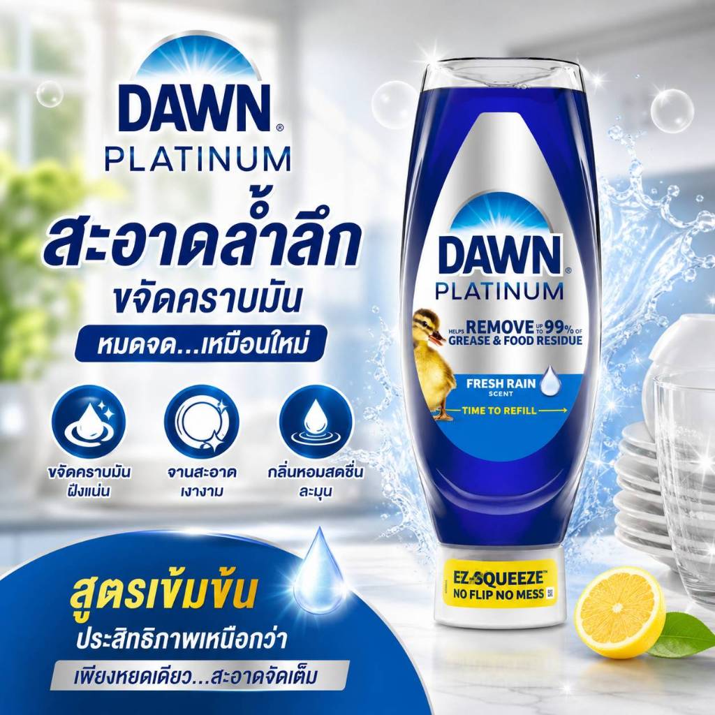 Dawn Platinum EZ-Squeeze Dish Soap Liquid น้ำยาล้างจาน น้ำยาขจัดคราบมัน 4 เท่า