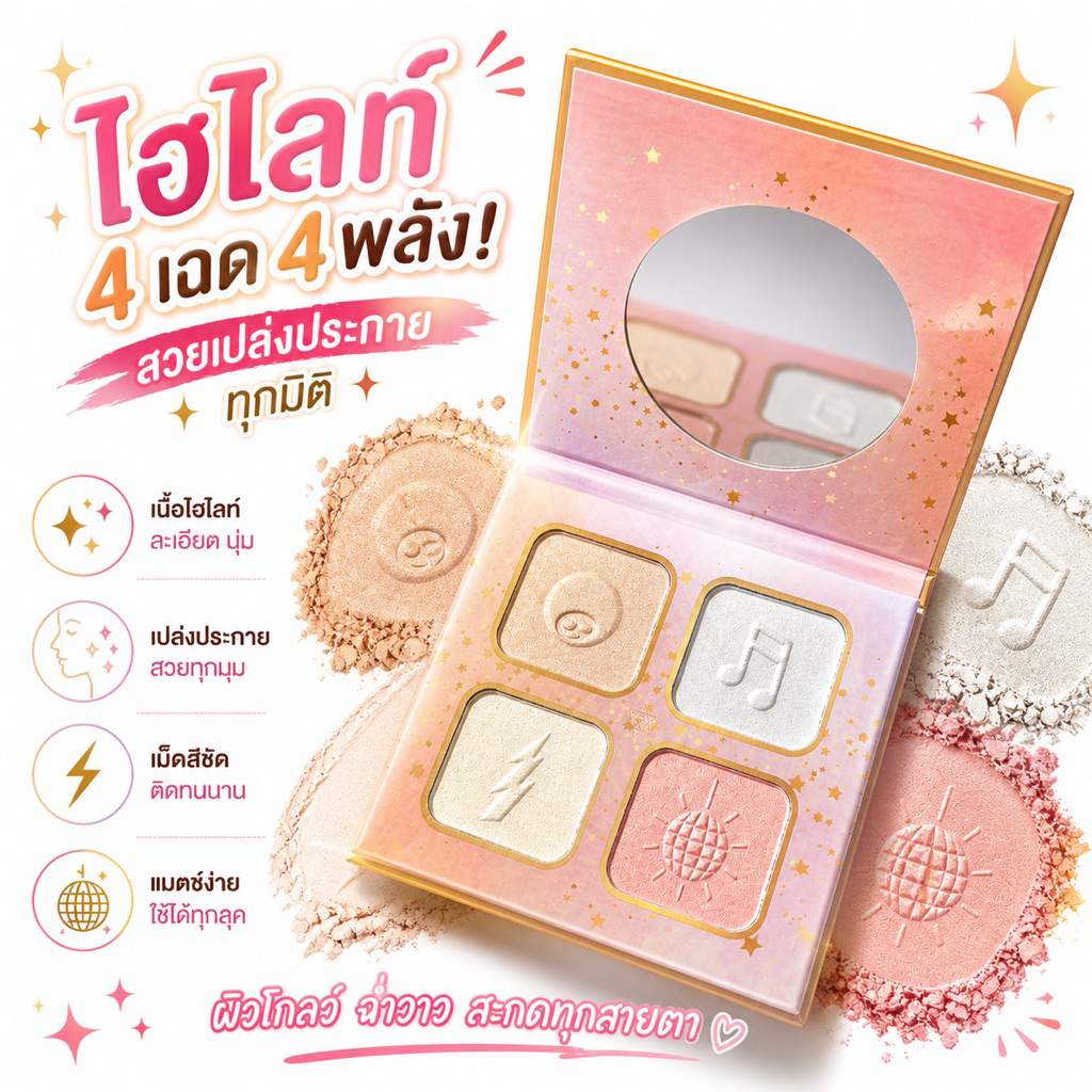 พาเลทไฮไลท์​ ไฮไลท์หน้าเงา หน้าฉ่ำวาว หน้าพุ่ง Anylady highlight 4 โทนสี ในตลับเดียว เนื้อชิม​เมอ​ร์ วิ้งค์​ฉ่ำมาก 4u2