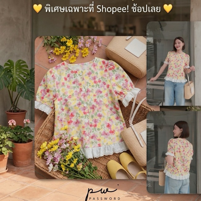 PW | PASSWORD🔖 6352 เสื้อลินินลายดอกไม้สีสดใสน่ารัก ผ้าใส่สบายมาก