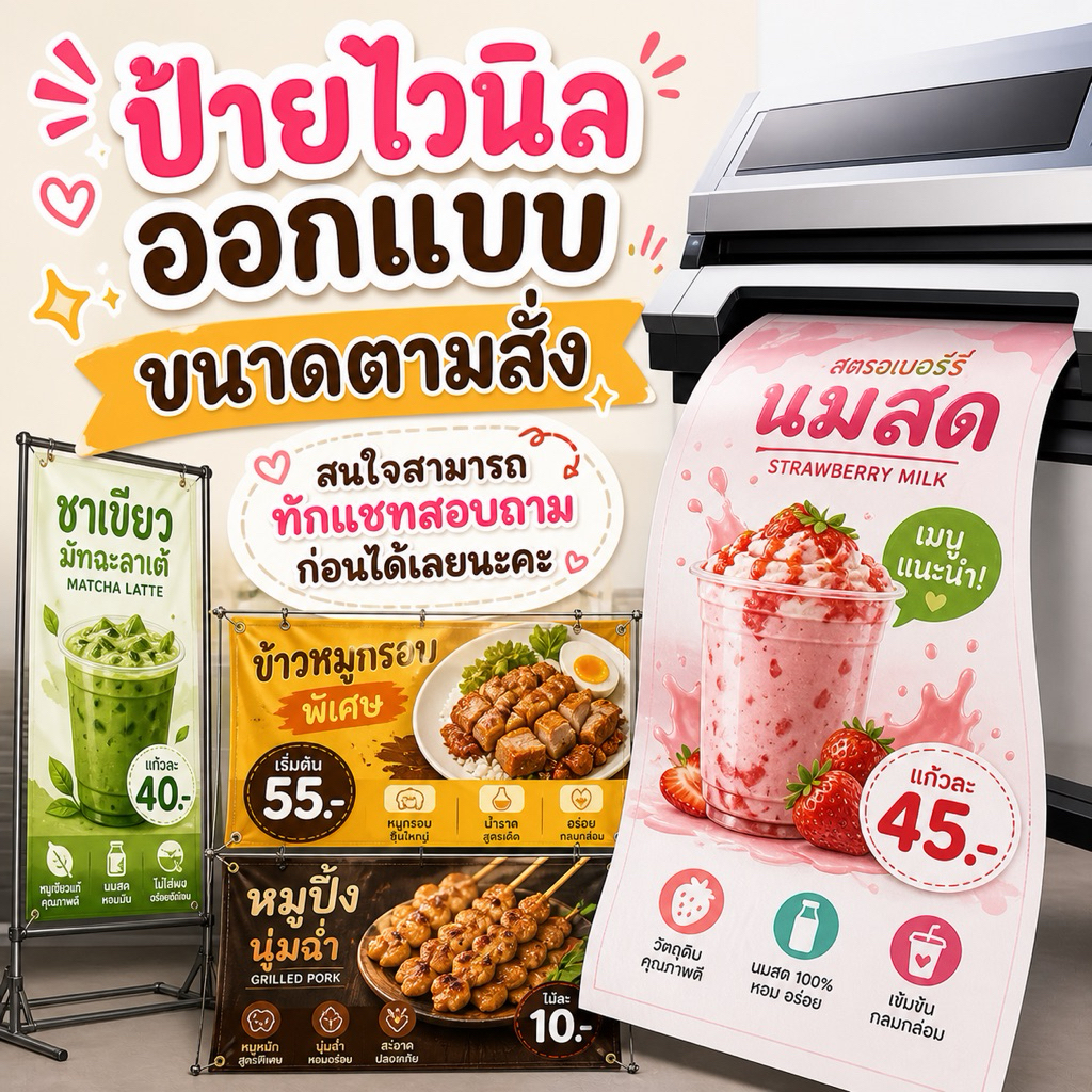ป้ายไวนิล ออกเเบบ ขนาดตามสั่ง พร้อมเจาะตาไก่