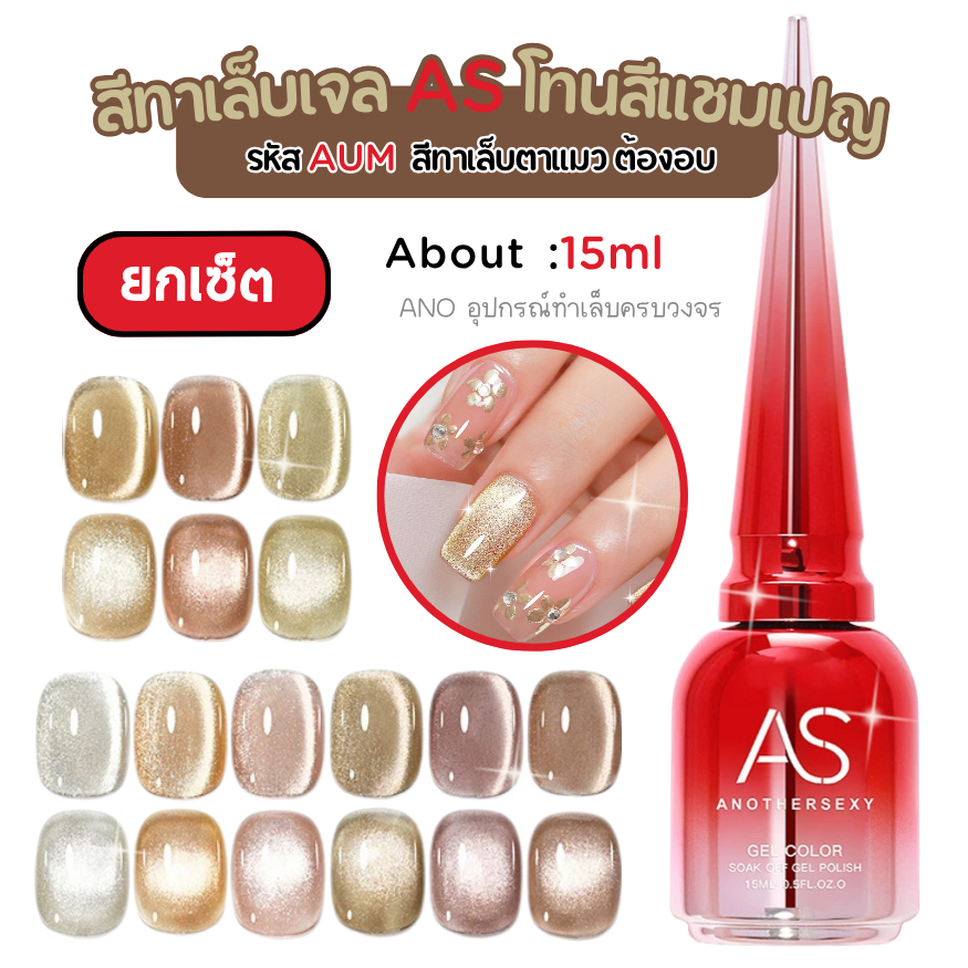 ยกเซ็ต9ขวด AS AUM เซ็ตสีเจลตาแมว โทนแชมเปญลูกแก้ว เงาวาวประกายมิติ ลุคแพงสุภาพ