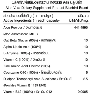 [1แถม1] ว่านหางจระเข้ Aloe Vera ตรา บลูเบิร์ด ขนาด 600 มิลลิกรัม 60 แคปซูล