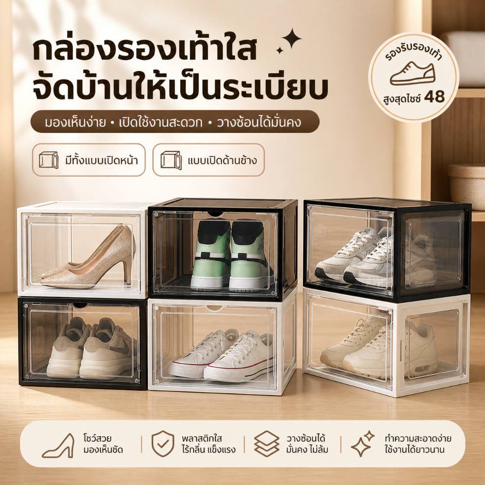 กล่องใส่รองเท้าแบบใส ฝาหน้าแม่เหล็ก เปิดปิดง่าย พลาสติกแข็งแรง ซ้อนกันได้หลายชั้น กันฝุ่น กันชื้น