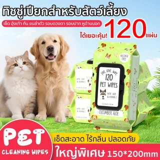 ทิชชู่เปียกสัตว์เลี้ยง แผ่นใหญ่ ขจัดกลิ่น PET WIPES 1แพ็ค 120แผ่น เช็ดคราบได้สะอาด น้องสุนัข แมว