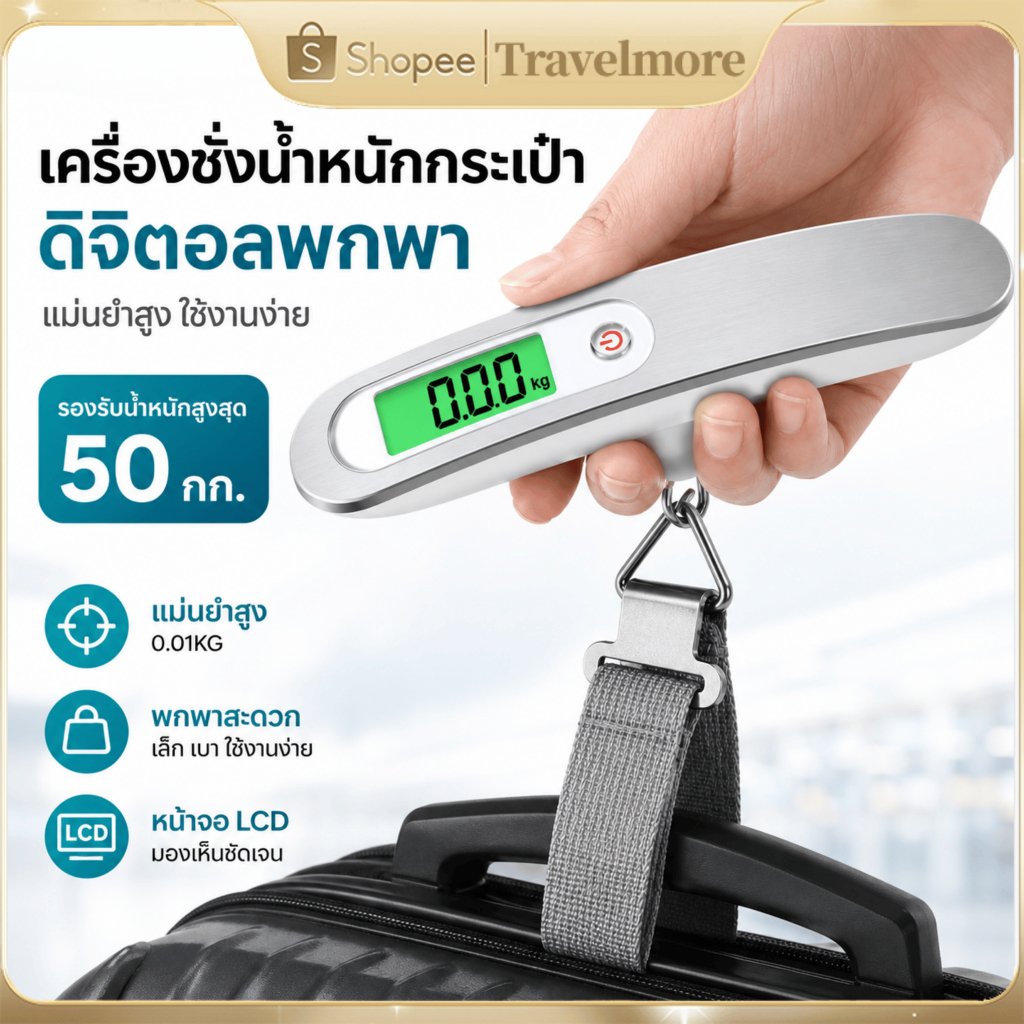 เครื่องชั่งน้ำหนักแบบพกพา น้ำหนักสูงสุด 50kg ที่ชั่งน้ำหนักกระเป๋าเดินทาง จอแสดงผลดิจิตอล