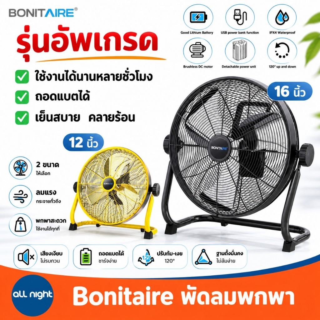 Bonitaire พัดลมพกพา พัดลมตั้งแคมป์ ขนาด 12 นิ้ว / 16 นิ้ว รุ่นอัพเกรด ใช้งานได้หลายชั่วโมง แบตอึด