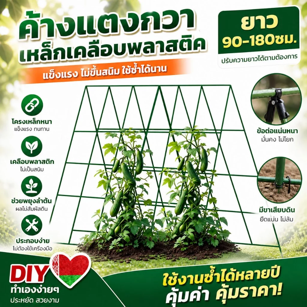 ไม้ค้ำต้นไม้ DIY ยาว90-180ซม. หนา11/16มม. โครงปลูกผัก เหล็กเคลือบพลาส ค้างไม้เลื้อย ตาข่ายไม้