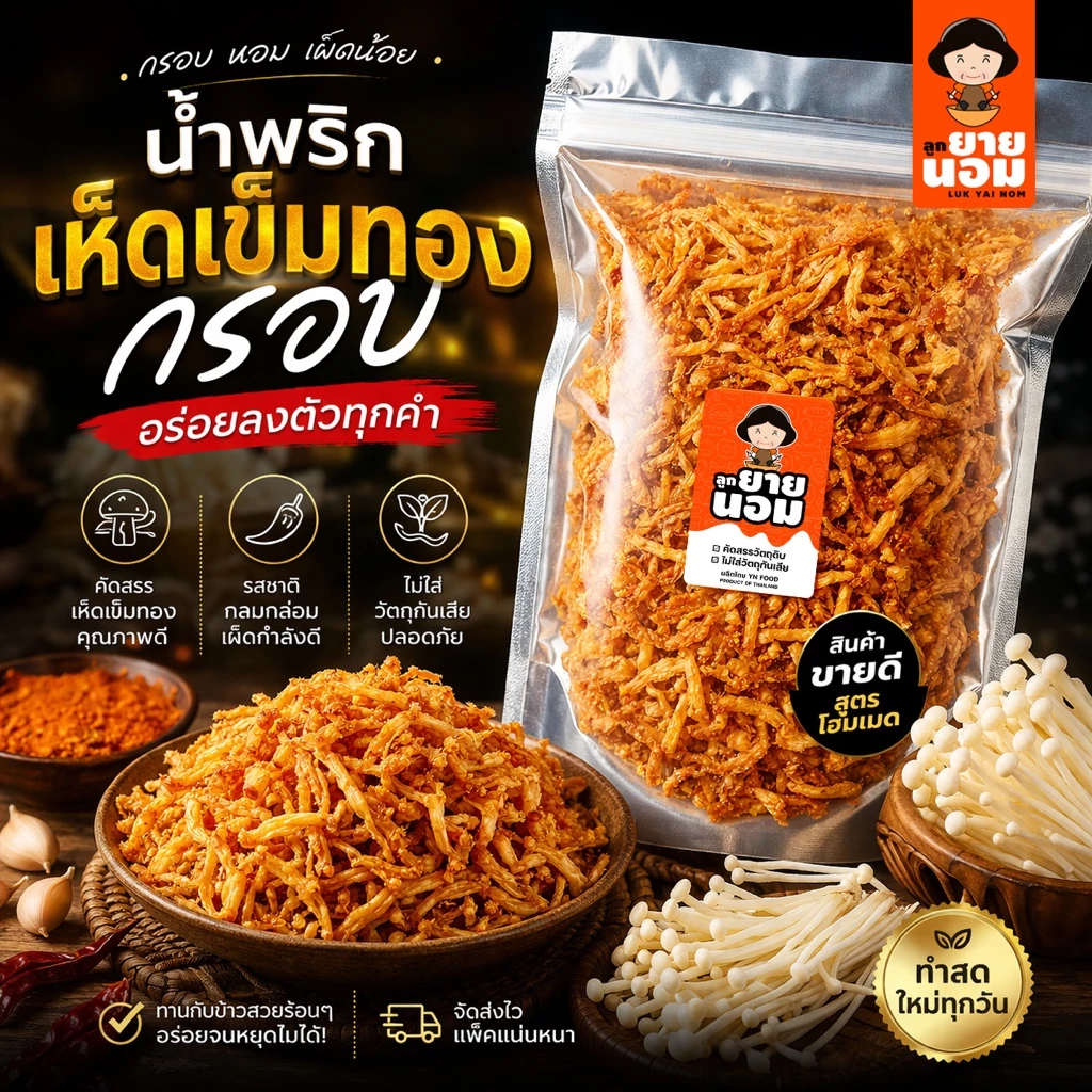 น้ำพริกเห็ดเข็มทองกรอบ (เผ็ดน้อย) กรอบ หอม อร่อย ทานได้ทุกวัน ลูกยายนอม น้ำพริกเห็ด