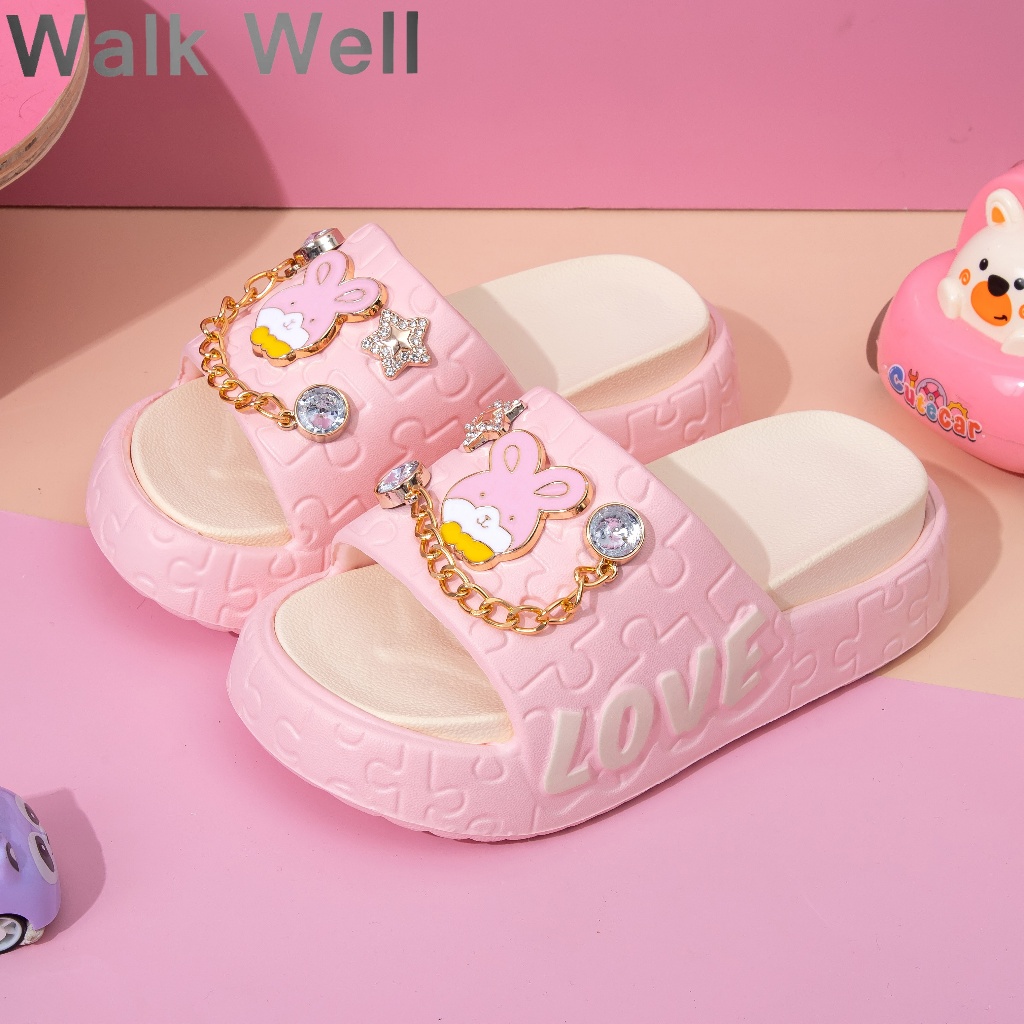 🐰ใหม่! WALK WELLรองเท้าแตะเด็กหญิงฤดูร้อน ลายกระต่ายน่ารัก ส้นหนานุ่ม กันลื่น ใส่ในบ้าน-เล่นน้ำได้