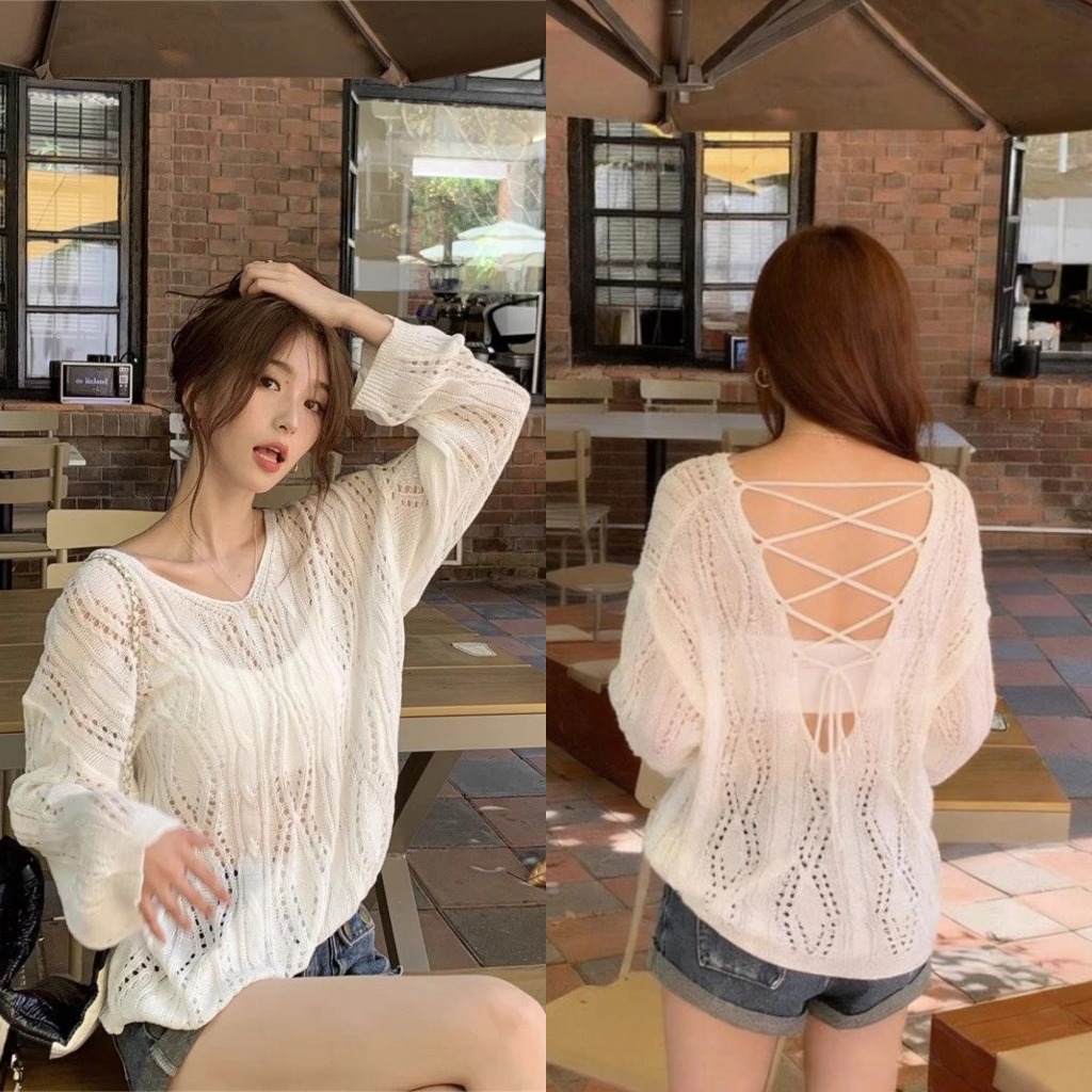 เสื้อคลุมถักรูสีขาว เสื้อแขนยาว สไตล์สบายๆ มีสายรัดหลังไขว้ ใส่สบาย ทรงหลวม #1502447