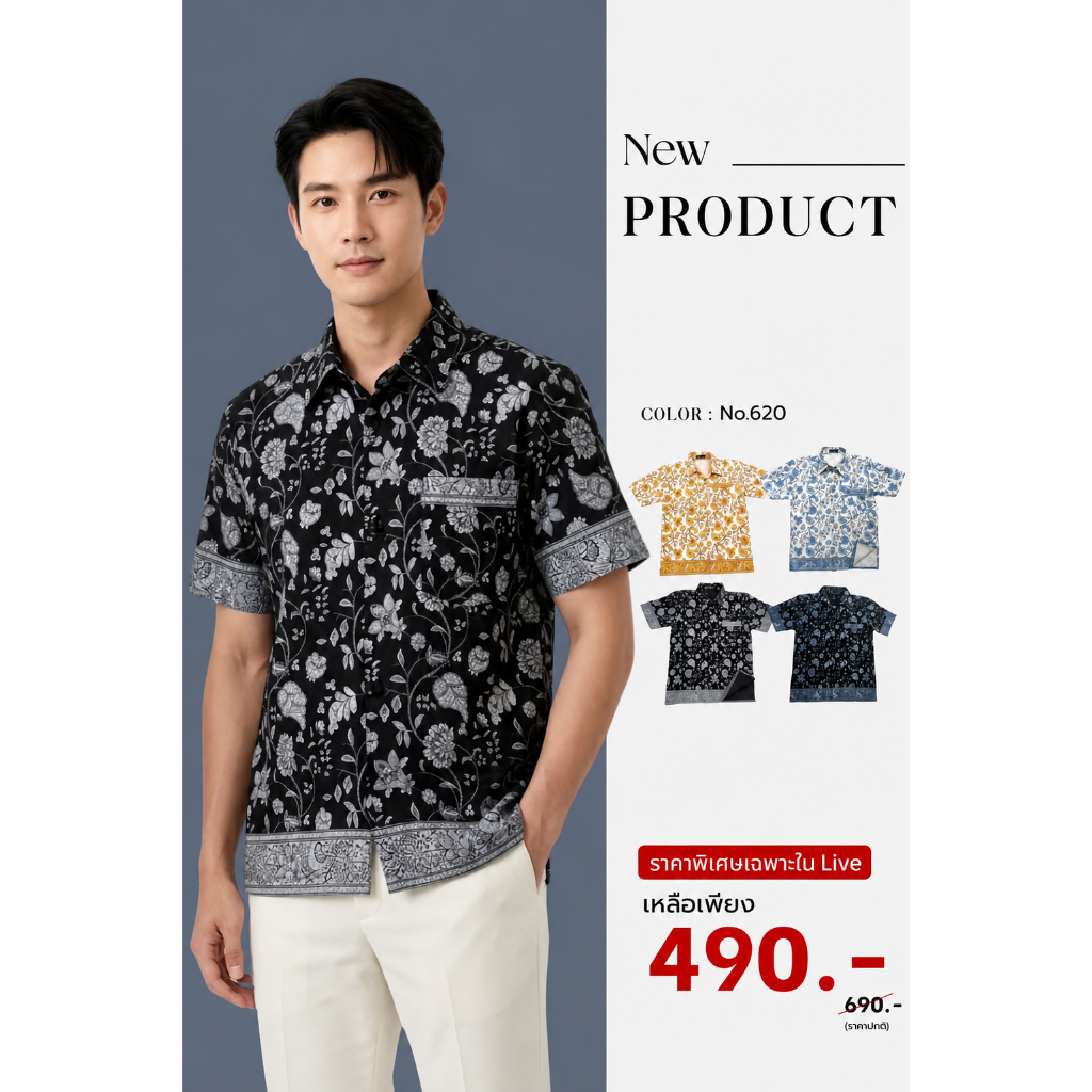 KS620 เชิ้ตผ้าปาเต๊ะสิงคโปร์ คอปก กระดุมหน้า งานอัดกาว (S-5XL)