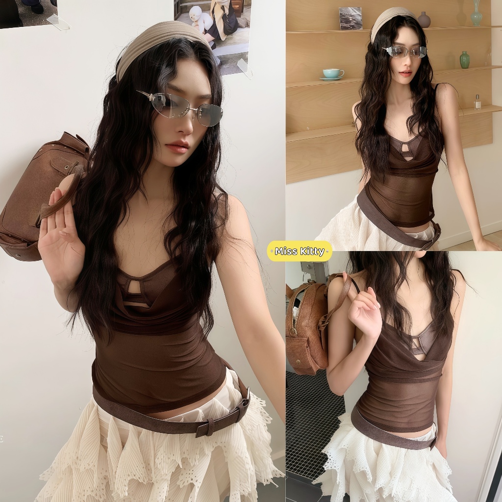 Miss Kitty เสื้อกล้ามสายเดี่ยวผ้าตาข่าย สไตล์เกาหลี สีน้ำตาล สไตล์เซ็กซี่สวย-FY5116#1