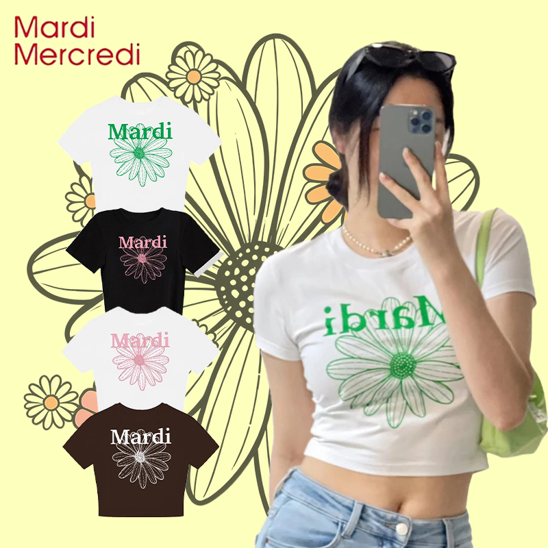 เสื้อยืดผู้หญิงแบรนด์ MARDI MERCREDI ของแท้ 100% เสื้อยืดทรงครอปเข้ารูป พิมพ์ลายดอกเดซี่