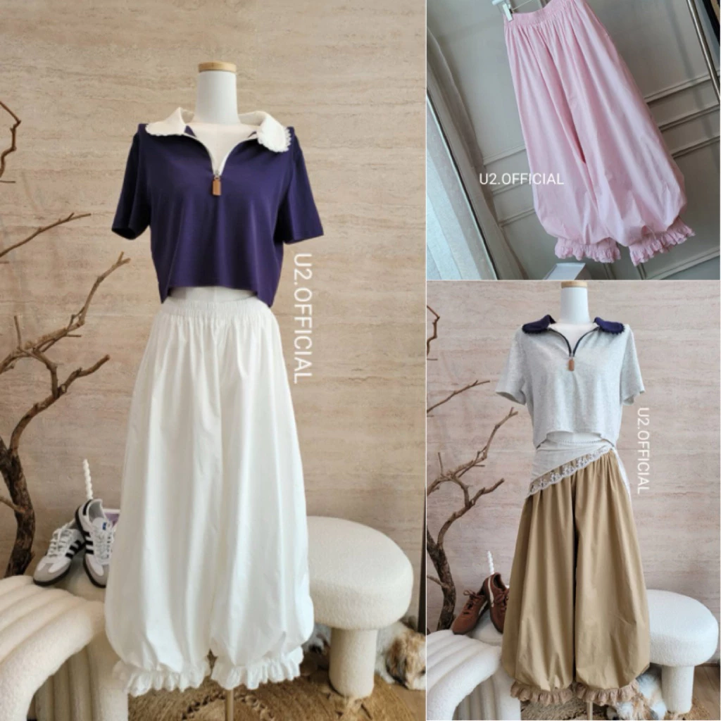 𝐔𝟐✨พร้อมส่ง🌸🤎กางเกงขาวยาวจั้มขาแต่งขอบลูกไม้ป้าย🔖U2