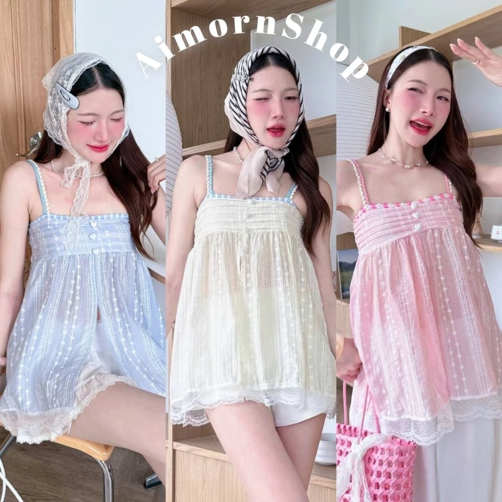 🔥aimorn_shop🔥 เสื้อสายเดี่ยวมินิเดรส งานน่ารักสุดๆ แต่สายเดี่ยวสไตล์เกาหลี เดินขอบลูกไม้ชายเสื้อสวยมาก