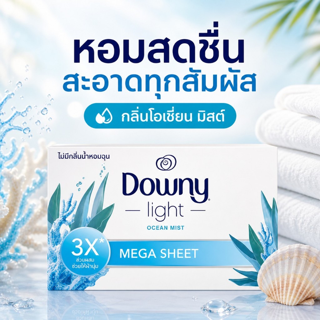 Downy Light Mega Dryer Sheets แผ่นอบผ้าหอม กลิ่น Ocean Mist ขนาดใหญ่พิเศษ ผ้านุ่ม หอมสะอาดเบา ๆ